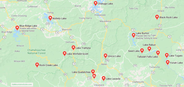 Map of Lakes in the North Georgia Mountains USA