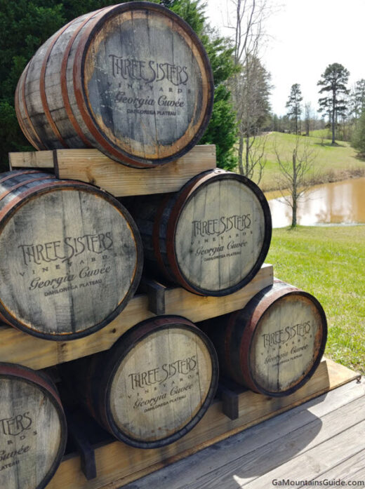 Stacked wine barrels Three Sisters winery in the Dahlonega Plateau AVA