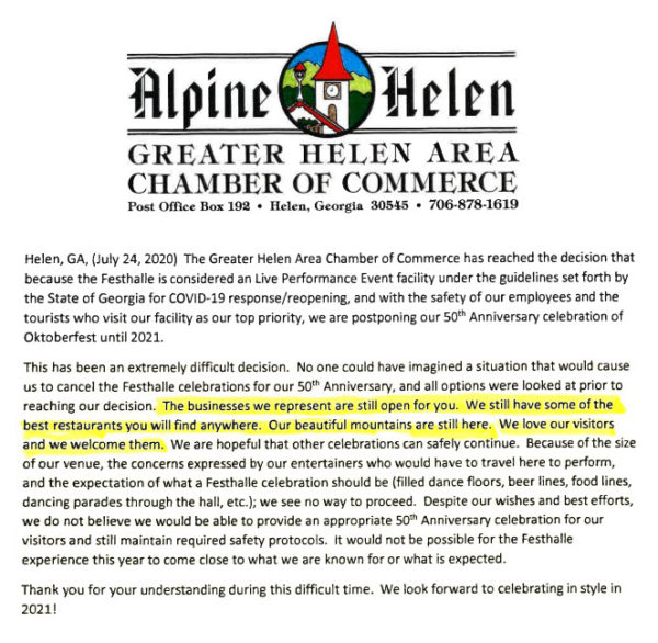 Cancellation of Helen Oktoberfest 2020 Main Festhalle event