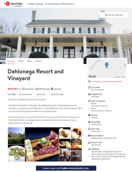 Reservations for Restaurant at Dahlonega Resort and Vineyard via OpenTable