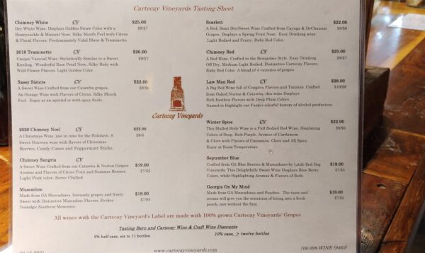 Cartecay Vineyards Wine Tasting Menu