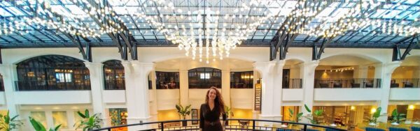 Alyce at Chateau Elan Under the Atrium and Chandelier. Sep 2020.