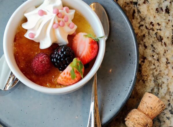 Creme Brulee Dessert at Marc Restaurant & Bar at Chateau Elan Winery & Resort. Sep 2020.