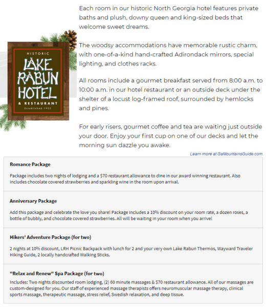 Lake Rabun Hotel Romantic Packages