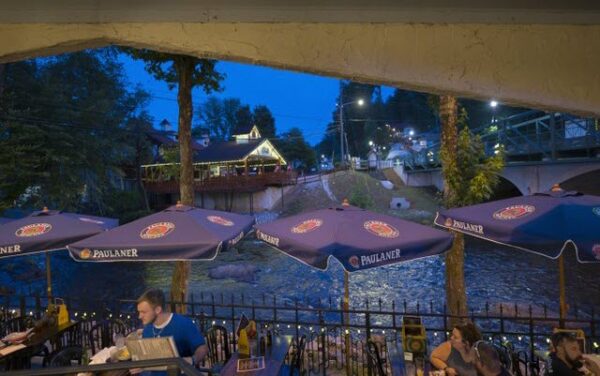 Riverfront patio dining at The Troll Tavern in Helen GA
