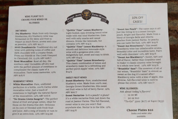 Wine menu at Sweet Acre Farms Winery Ga