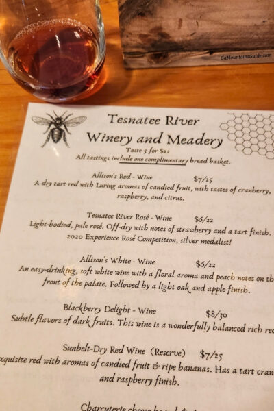 Tesnatee River Winery and Meadery Wine Menu