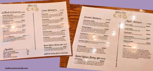 Hightower Creek Vineyards Wine Tasting Menus