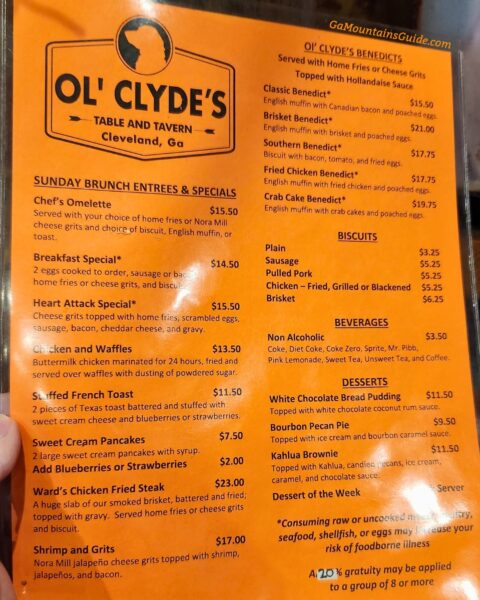 Ol' Clydes Brunch Menu Cleveland GA