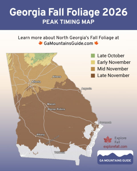 2026 Georgia fall foliage peak timing map showing when autumn colors are expected statewide