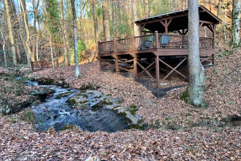 Flying Duck Farmhouse vacation rental near Dahlonega with a stream for gold panning