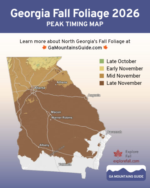 2026 Georgia fall foliage peak timing map. Forecast data provided by ExploreFall.com